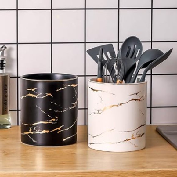 Large Ceramic Kitchen Utensil Holder / Vase  (White/Gold Marble Pattern) - Picture 6 of 6